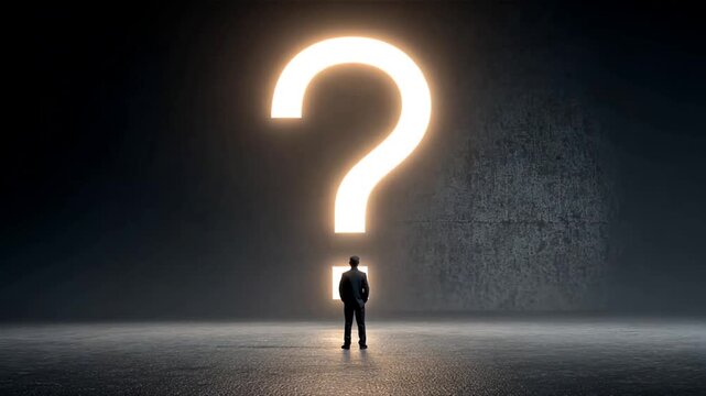 Person stares up at huge question mark, thinking hard or facing a choice, Concept of Analysis Doubt, Business Mystery shown clearly