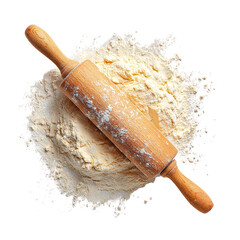 Wooden rolling pin on flour background for baking and cooking recipe preparation and pastry making