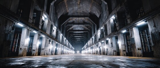 Empty server room in an abandoned factory at night