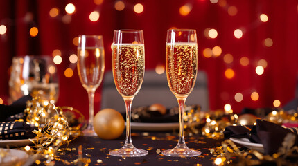 Silvester-Tableau mit Champagner und Glitzerdekoration