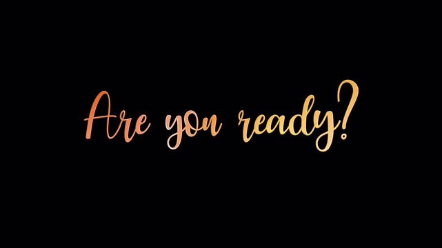Animation of Are You Ready word text golden shine with glitch effect on black abstract background. Isolated transparent with alpha channel Quicktime prores 444 on black abstract background.