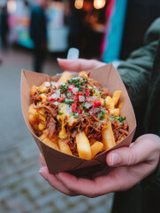 Woman holding loaded fries with pulled pork, cheese, and pico de gallo