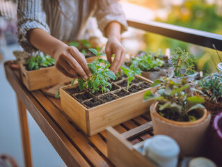 Woman planting seedlings of aromatic herbs in wooden pots on balcony