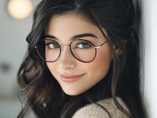 Beautiful young woman wearing stylish round eyeglasses is smiling