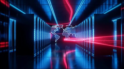 Data center, server room and global network with digital map, speed lines and technology for internet, cloud computing or cybersecurity infrastructure across international connection - Powered by Adobe