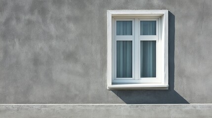 A modern white window with simple design against a textured gray wall, casting a soft shadow.