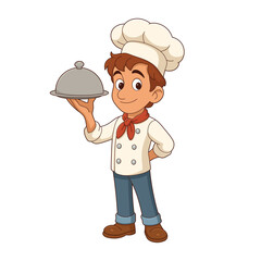 Cartoon Chef holding a silver domed platter, ready to serve delicious food.