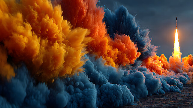 Abstract rocket launch with vivid colors and energetic shapes, HD realistic