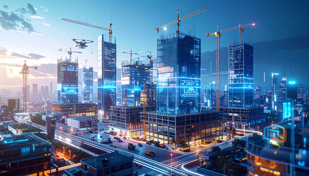 Futuristic city skyline at dusk with skyscrapers under construction, cranes, drones, and digital network overlays.