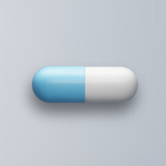 3d pill white blue tablet isolated on gray background. Realistic vector medicament illustration