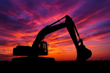 Heavy excavator silhouette stands against a vibrant sunset sky with striking red and purple hues.