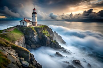 A majestic lighthouse perched on a rugged cliff overlooking a misty ocean with dramatic clouds at sunset