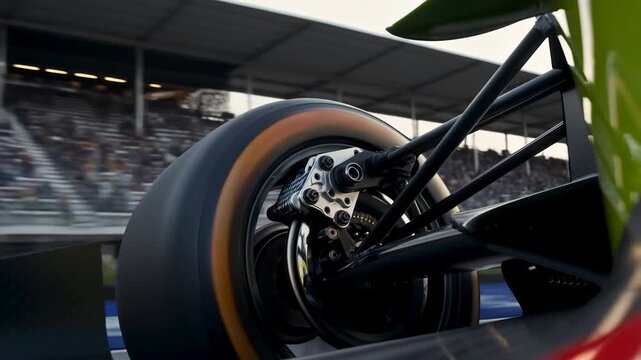 Racing tire, speed and Formula car suspension with motion blur on racetrack for motorsport action, engineering and performance during competition with technology, mechanics and automotive dynamics