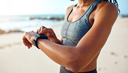 Athlete's Digital Interface: A focused athlete, silhouetted against the tranquil seashore, intently interacts with a smart device, preparing for or tracking their workout metrics.