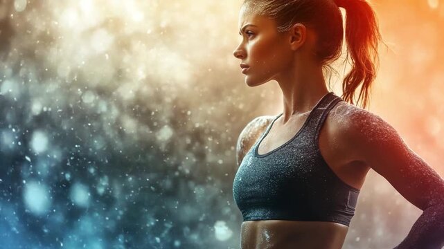 Focused Strength: A determined woman stands resolute, her physique sculpted through rigorous training. The image captures her unwavering resolve amidst an invigorating environment.