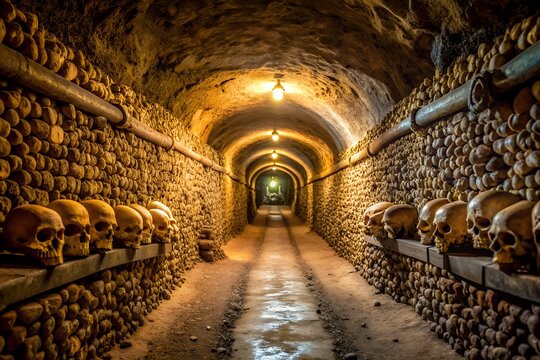 A long, dark tunnel lined with human skulls and bones in an ancient catacomb