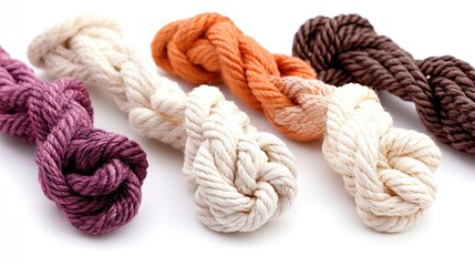   A multi-colored rope on a white background, with two knots at opposite ends