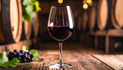 A glass of rich red wine rests on a rustic wooden table, nestled amongst wine barrels and grapes.