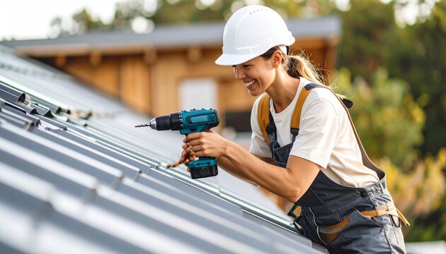 A skilled female construction worker with an electric drill installs a new modern metal roof on a residential house.