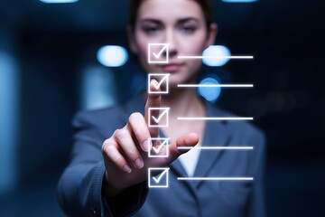 Businesswoman s finger touches a digital checklist on a futuristic interface marking tasks as complete with glowing checkmarks representing progress and achievement