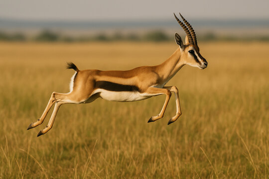 gazelle leaping in savanna grassland, frozen motion