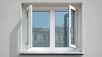 Fototapeta premium A modern, white-framed window with open casement, showcasing a clear blue sky and the reflection of nearby buildings.