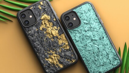 Two phone cases, dark gray and teal, featuring textured designs resembling gravel or paint