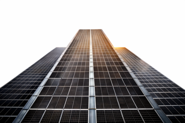 a tall building with solar panels silhouetted against a black and white sky black isolated on white background PNG.AI Generated.