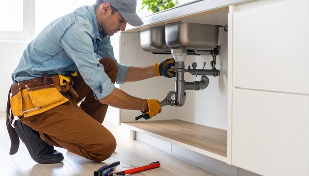 A professional technician plumber making a sink repair, using a wrench to fix the water pipes under a modern kitchen cabinet. - Powered by Adobe