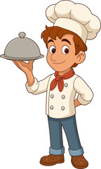 Cartoon chef presenting covered dish, wearing uniform, isolated on black.