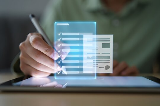 Close up of a person using a stylus to digitally sign a document on a tablet with a holographic interface displaying information and a signature line