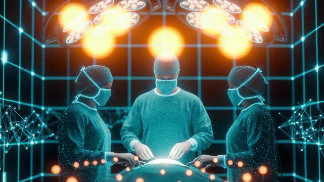 A futuristic surgical scene featuring a surgeon and two assistants in a high-tech operating room illuminated by glowing lights with digital overlays enhancing the atmosphere of advanced medical techno - Powered by Adobe