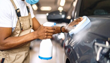 Meticulous car detailing at a professional cleaning salon, an expert worker applies a polishing spray for a perfect finish.