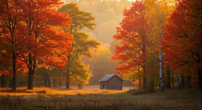 Autumn Lake Forest Reflection Landscape - Powered by Adobe