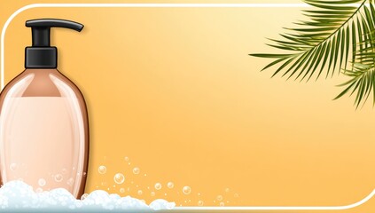 Beige bottle of lotion with soap suds, palm fronds, on a gradient background