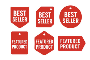 A collection of red best seller and featured product tags in various shapes, ideal for marketing campaigns, product promotions, and highlighting popular items within a retail or e-commerce