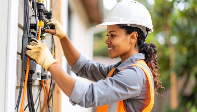 A professional female electrician wearing a hard hat and safety vest smiles while working on a residential electrical system.