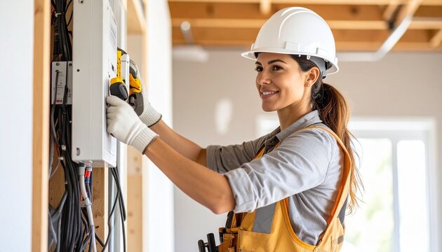 A female electrician at work wearing safety equipment while installing a residential electrical system in a new home.