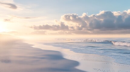 Gentle waves kiss the shore beneath a glowing sky as dawn breaks peacefully over the ocean’s edge.

