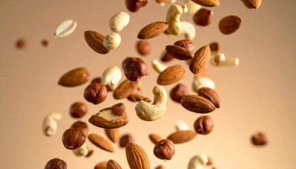 Various types of mixed nuts flying in the air against a beige background