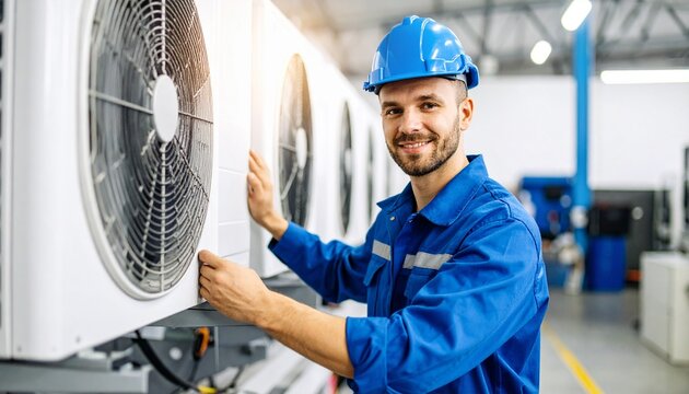 A professional HVAC technician in a blue uniform and hard hat working on an air conditioning unit in a modern workshop, smiling at the camera.