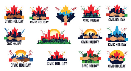 A vibrant collection of Civic Holiday graphic designs showcases diverse cityscapes, Canadian maple leaves, and celebratory elements, perfect for promotional and festive visual applications.