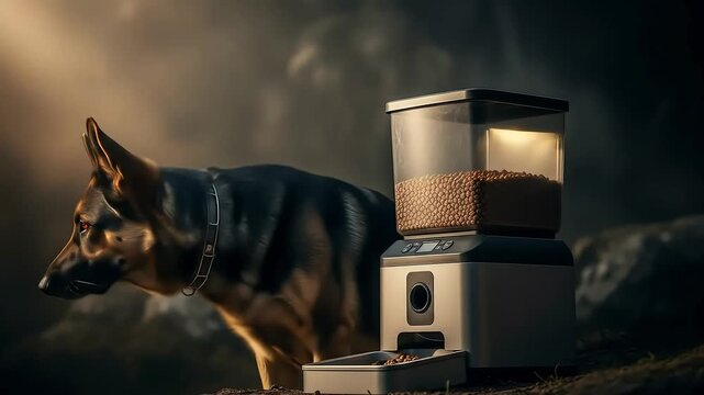 German Shepherd Guarding Automatic Pet Feeder in Dramatic Scene