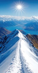 Snowy mountain ridge path, bright sun, vast landscape