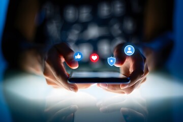Close up of hands holding a smartphone with glowing social media icons floating above the screen in a dark futuristic setting