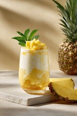 Fresh Pineapple Yogurt Drink with Mint Garnish in Glass &ndash; Healthy Summer Beverage