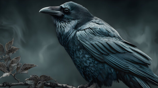 Black crow perched on a branch with swirling smoke effects, HD realistic