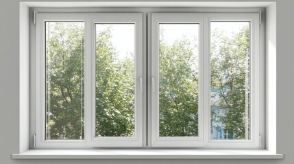 Obraz premium Bright, modern interior window showcasing lush greenery outside on a sunny day.
