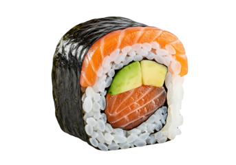 Close-up of a single salmon avocado sushi roll.