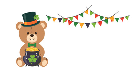 Obraz premium Cute teddy bear wearing a leprechaun hat holding pot of gold decorated with shamrocks under festive bunting